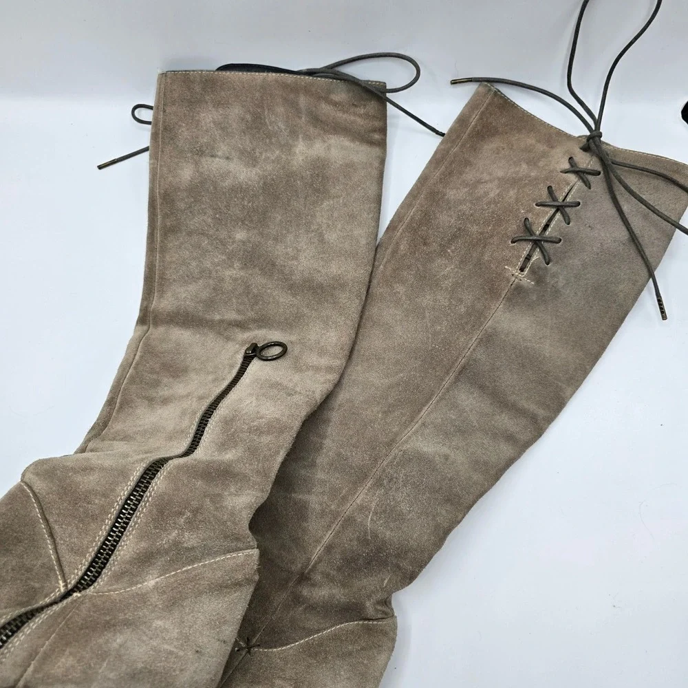 Florentini Baker Suede Over The Knee Boots Lace Up Heeled Taupe Size 37.5 Italy